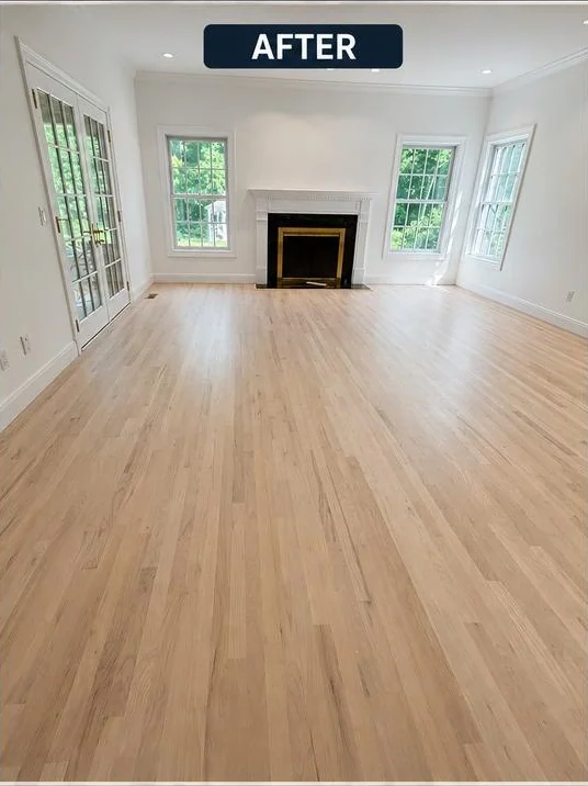 After: Whole-floor refinish, light natural finish