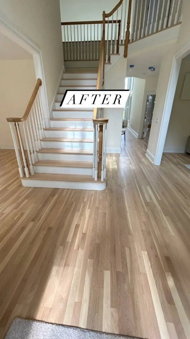 Light oak entry and staircase after refinishing