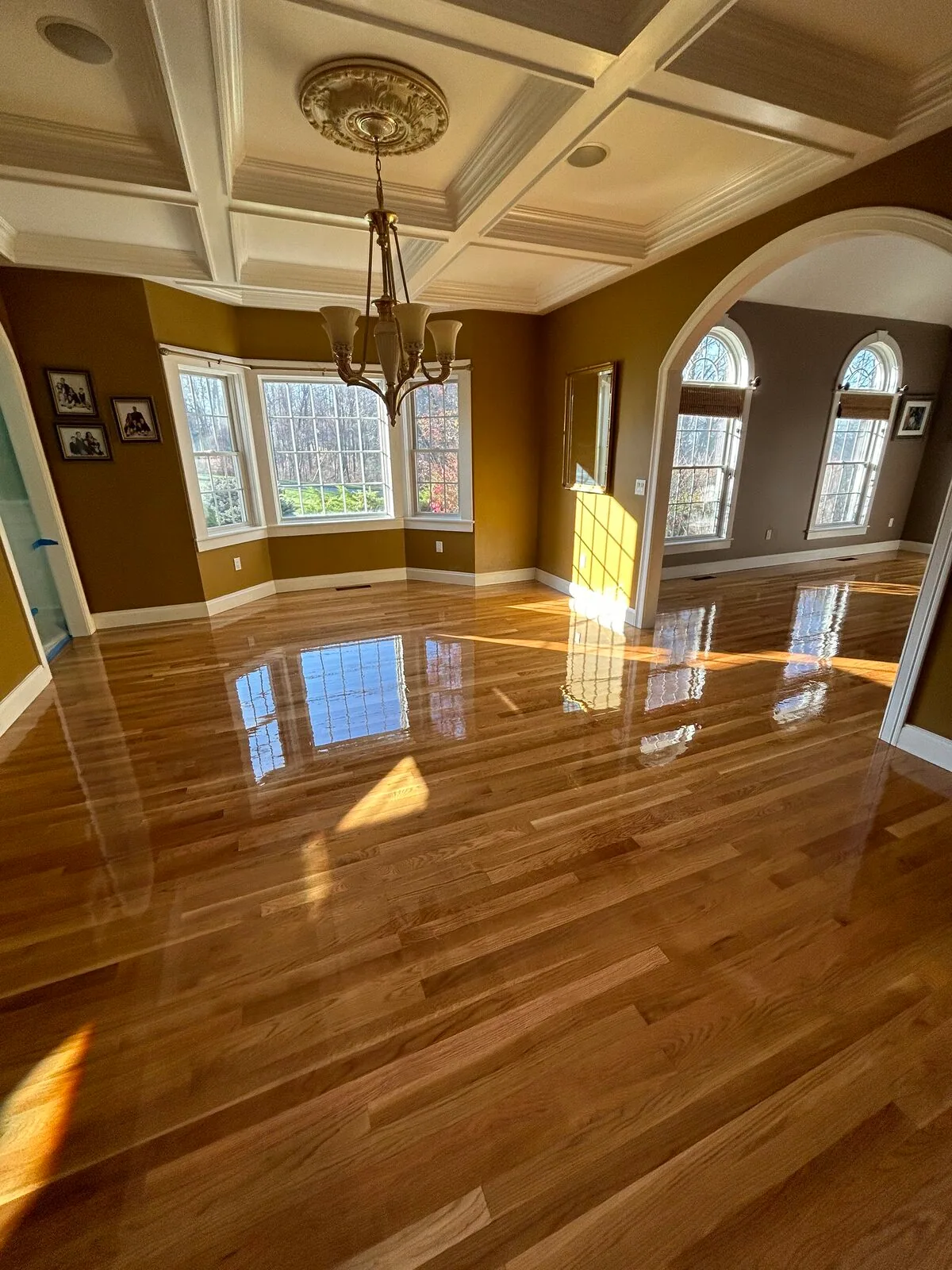 Glossy amber hardwood in a dining room with a coffered ceiling and arched windows