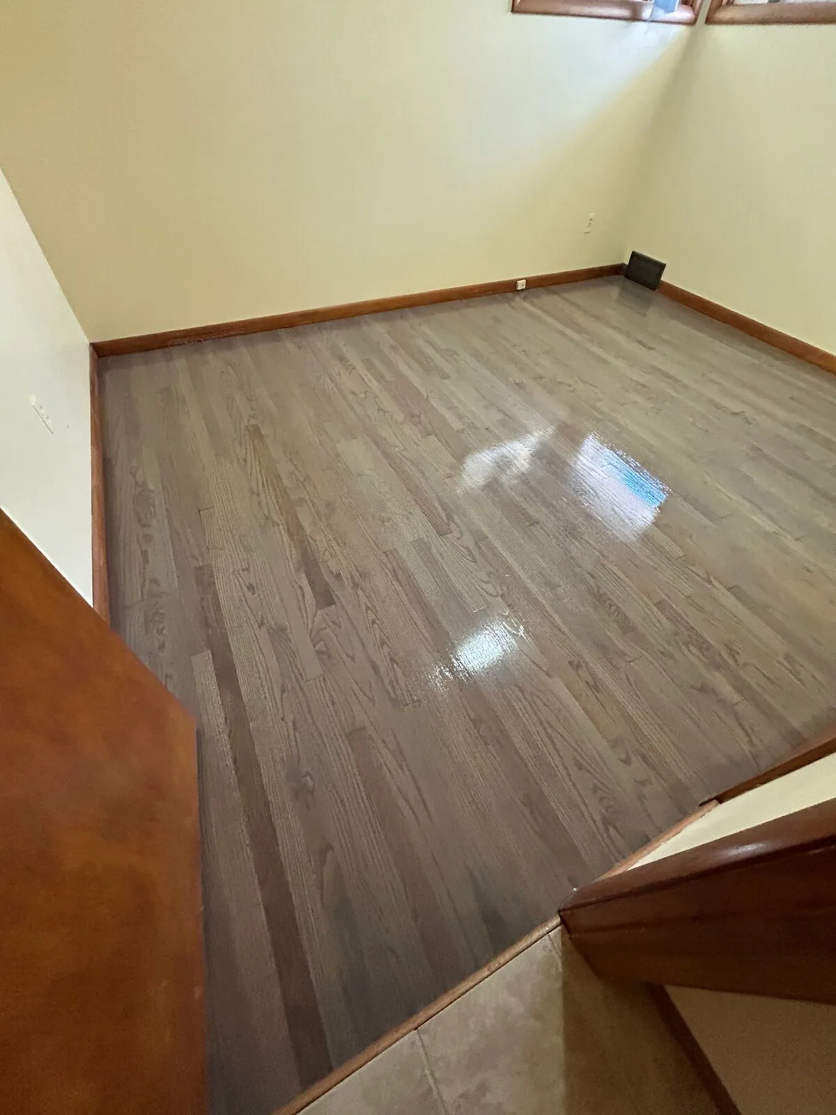 Gray stained hardwood in a bright room