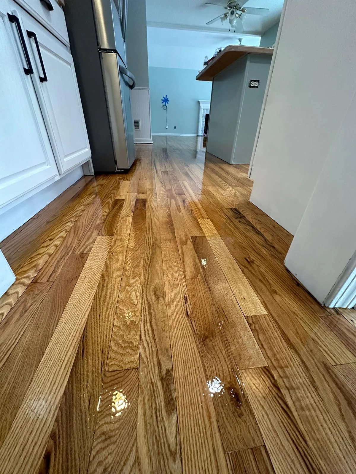 Glossy refinished hardwood in a kitchen hallway