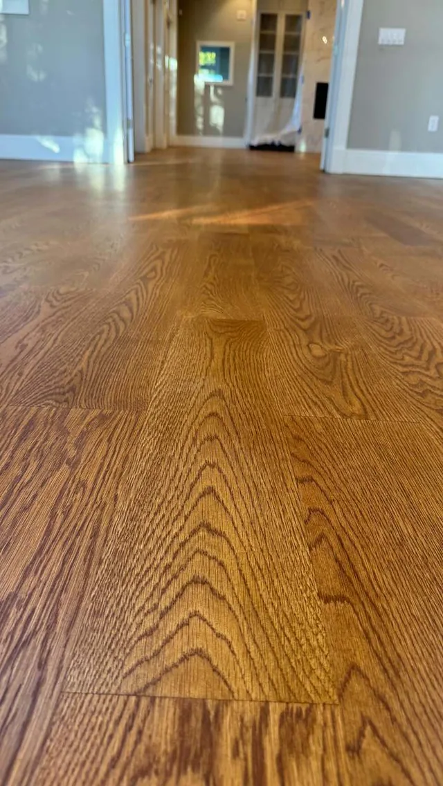 Close-up of a refinished red oak floor