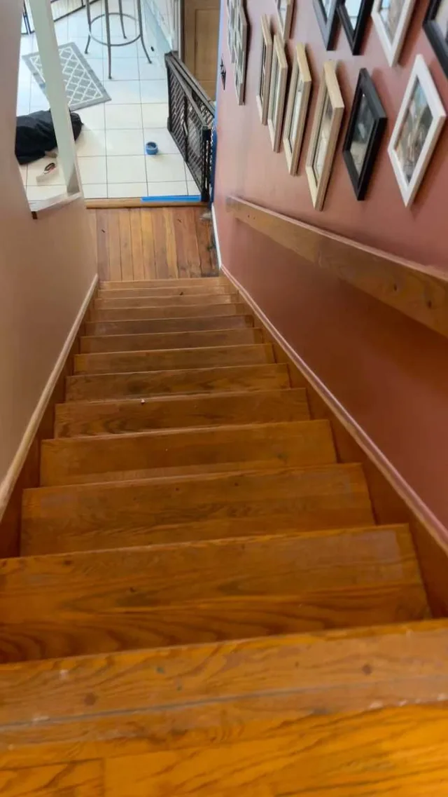 Refinished oak staircase beside a gallery wall